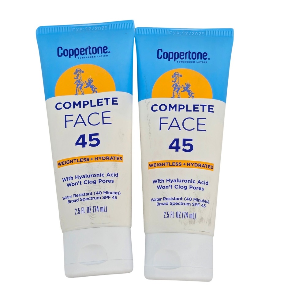 2 Pack Coppertone Complete Face Sunscreen Lotion SPF 45 Hyaluronic Acid 2.5oz